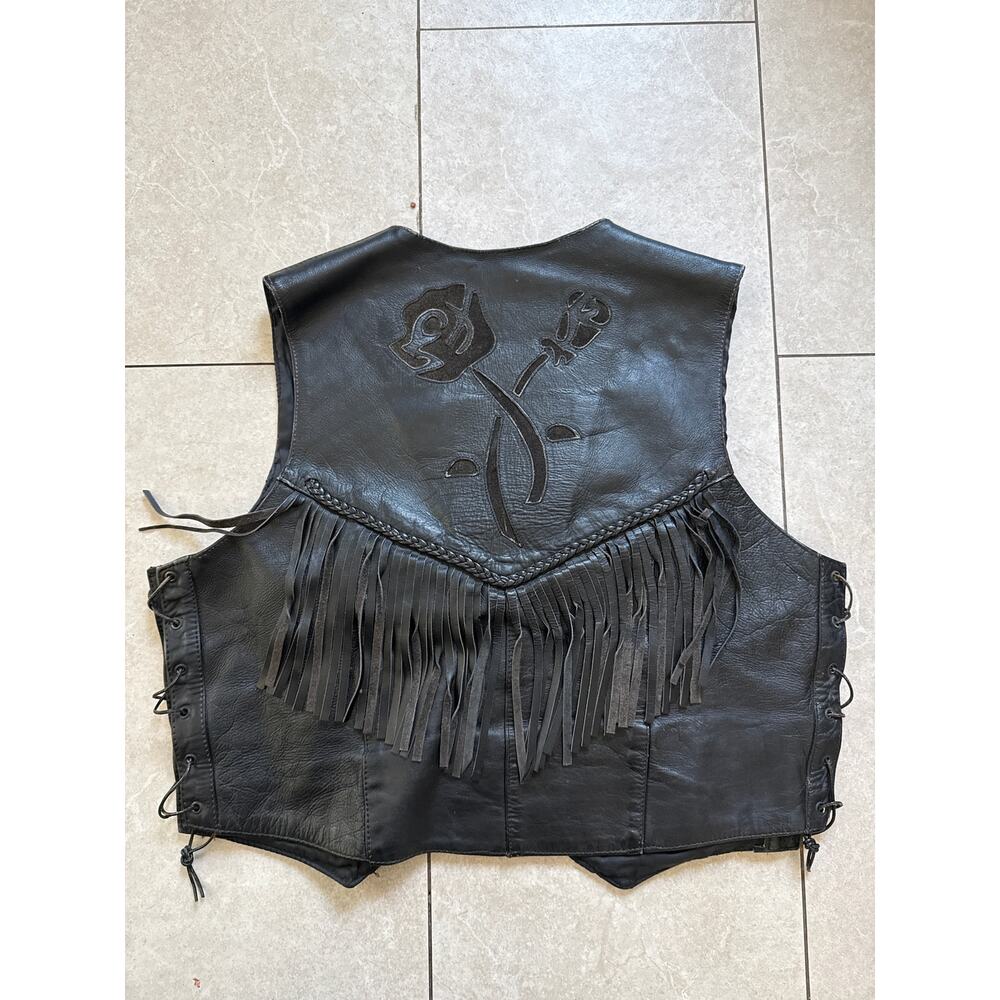 Vintage 1990s Women’s Allstate Leather Fringe Biker Vest ABATE Pins Size M